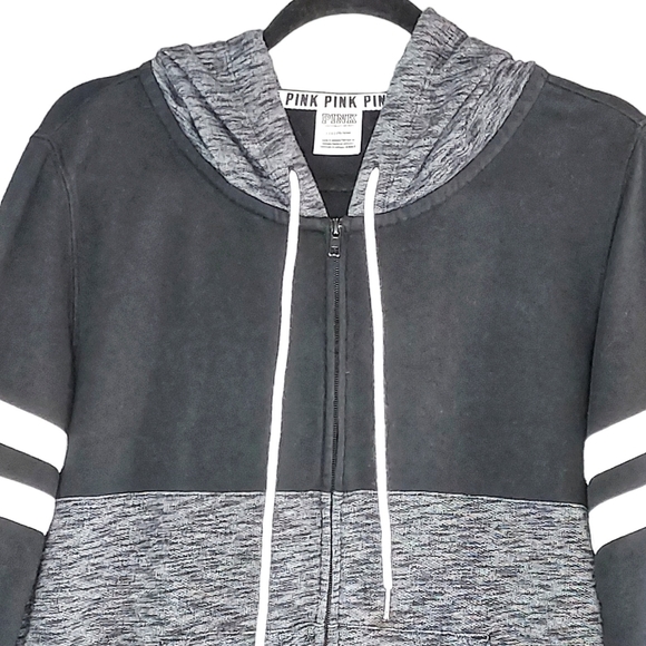PINK Victoria's Secret Size Large Black & White Full Zip Colorblock Hoodie - Picture 2 of 8